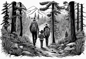 A man in cowboy hat with his family hiking through the Forrest. Add Mexican American tone tattoo idea