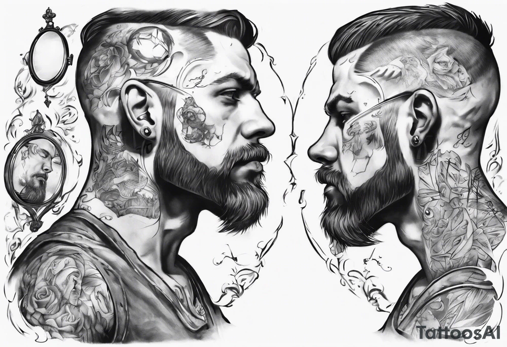 man looking into mirror, seeing his younger self tattoo idea