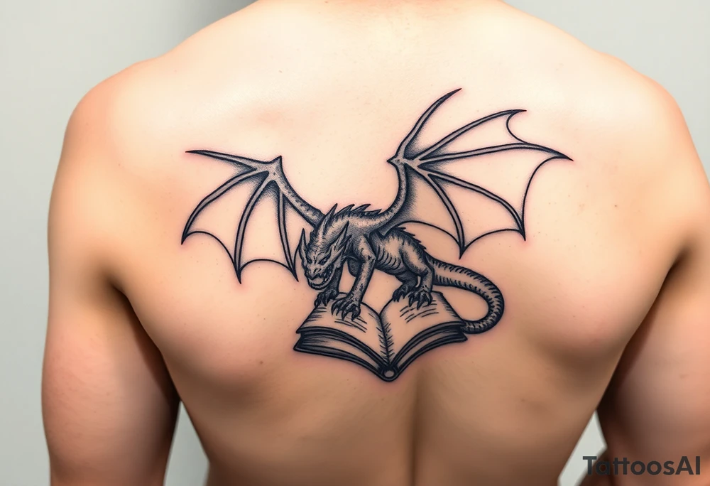 sleeve, fantasy, incorporates existing small tattoo of a dragon flying out of a book located just above the back of the elbow

Dungeons and Dragons
Warcraft
Lord of the Rings
Forgotten Realms tattoo idea