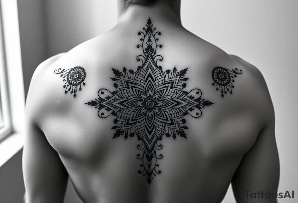 spine tattoo design with symmetrical ornamental patterns, combining dotwork, mandala elements, and flowing lines that follow the natural curves of the body. The design is intricate and balanced tattoo idea