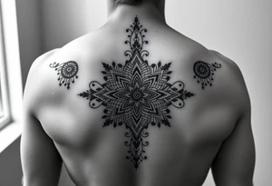 spine tattoo design with symmetrical ornamental patterns, combining dotwork, mandala elements, and flowing lines that follow the natural curves of the body. The design is intricate and balanced tattoo idea