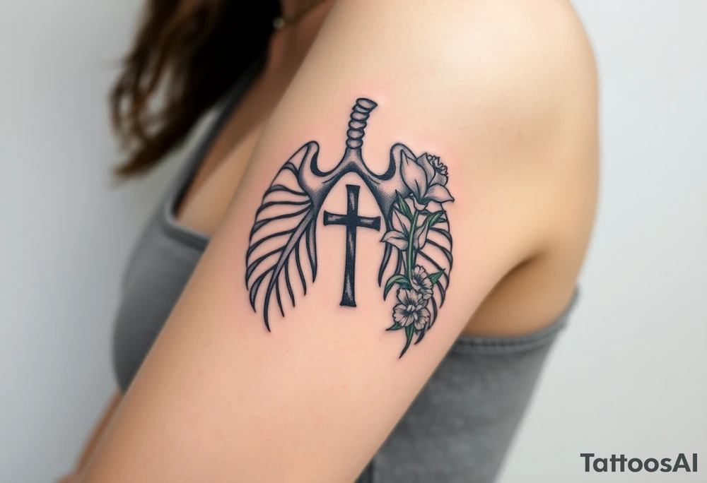 tattoo with skeleton lungs
: one side representing death and the other life. (from death to life) with a simple cross down the middle. The life side I's like the following flowers: Morning Glory, Lily of the Valley, Daffodil, Rose, Poppy, and Iris tattoo idea