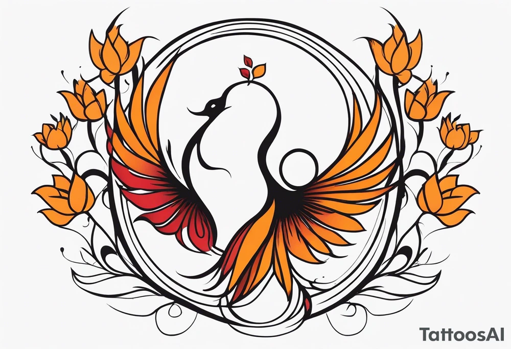 Phoenix avec symbole yin yang et fleur de lotus +lettres A et V tattoo idea