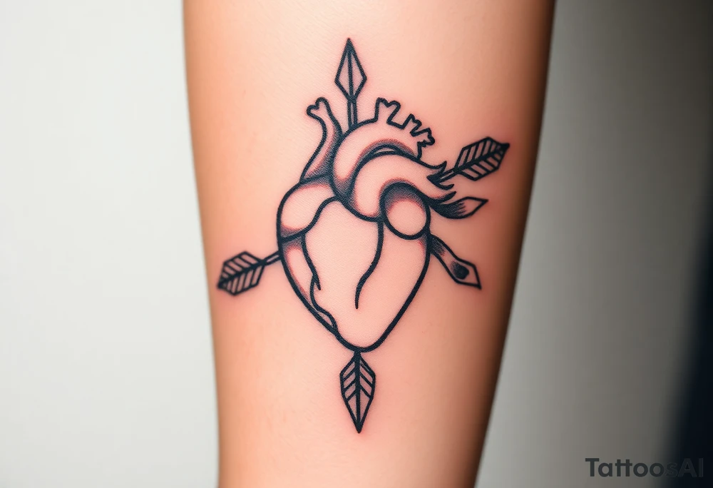 anatomical heart pierced by ornate arrow with flowing ribbons tattoo idea