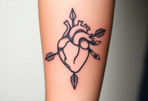 anatomical heart pierced by ornate arrow with flowing ribbons tattoo idea