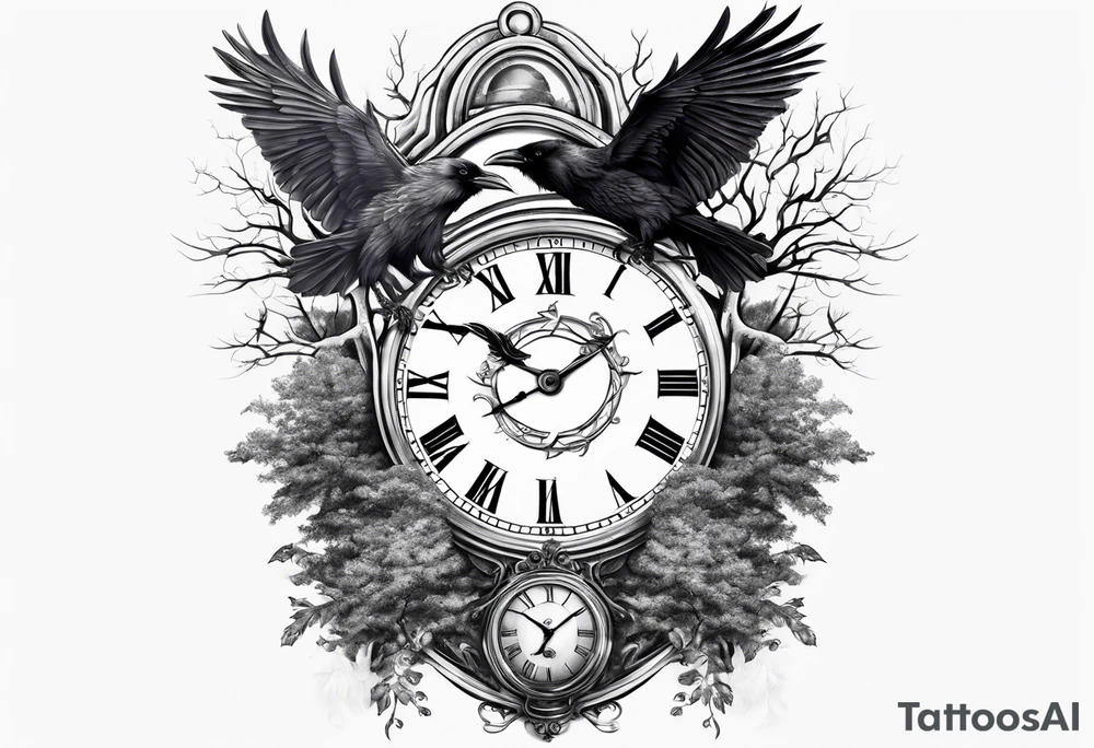 full sleeve tattoo with water, ravens, clocks, trees tattoo idea