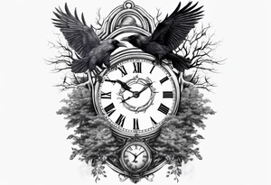 full sleeve tattoo with water, ravens, clocks, trees tattoo idea