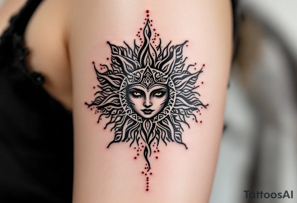 This black-and-grey Celtic sun tattoo with crimson dotwork evokes mysterious solar magic. tattoo idea