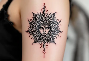 This black-and-grey Celtic sun tattoo with crimson dotwork evokes mysterious solar magic. tattoo idea
