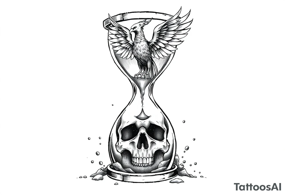 A cracked hourglass with the sands forming a skull below and a phoenix rising from the top. tattoo idea
