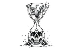 A cracked hourglass with the sands forming a skull below and a phoenix rising from the top. tattoo idea