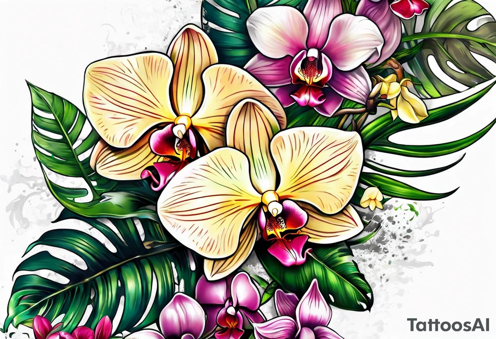 Tropical plants and orchids sleeve tattoo idea