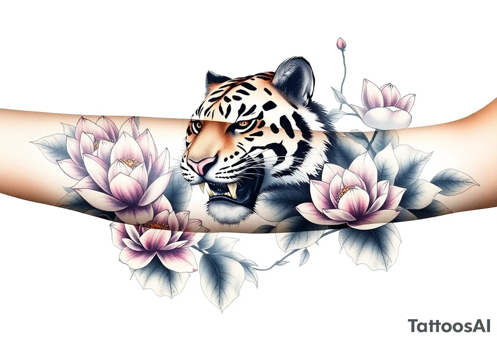 fierce tiger emerging through blooming lotus flowers in mist tattoo idea