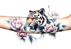 fierce tiger emerging through blooming lotus flowers in mist tattoo idea
