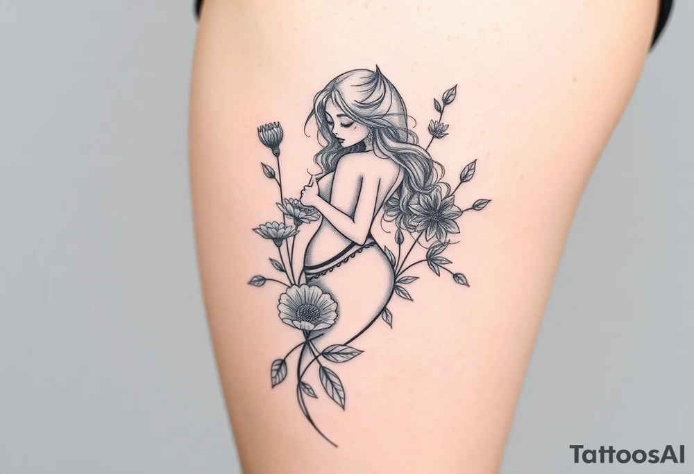 Full thigh tattoo with a sexy fantasy girl and plants tattoo idea