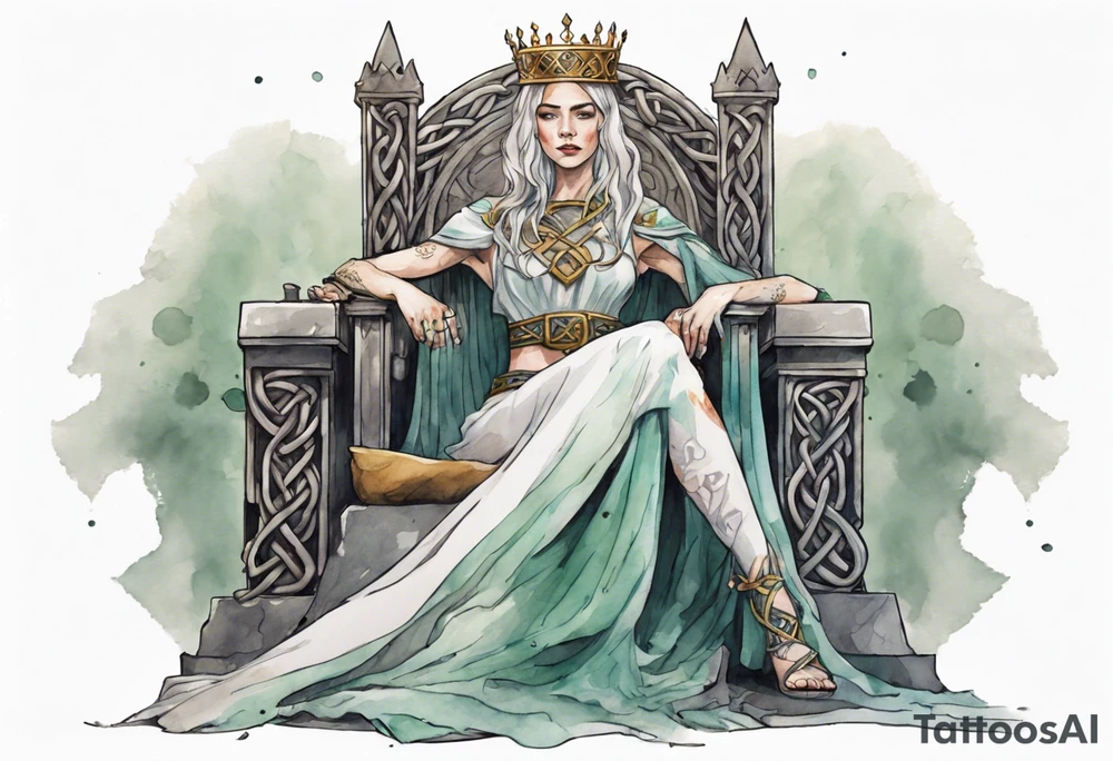 a celtic queen wearing a simple iron crown sitting on a stone throne tattoo idea
