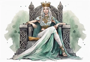 a celtic queen wearing a simple iron crown sitting on a stone throne tattoo idea