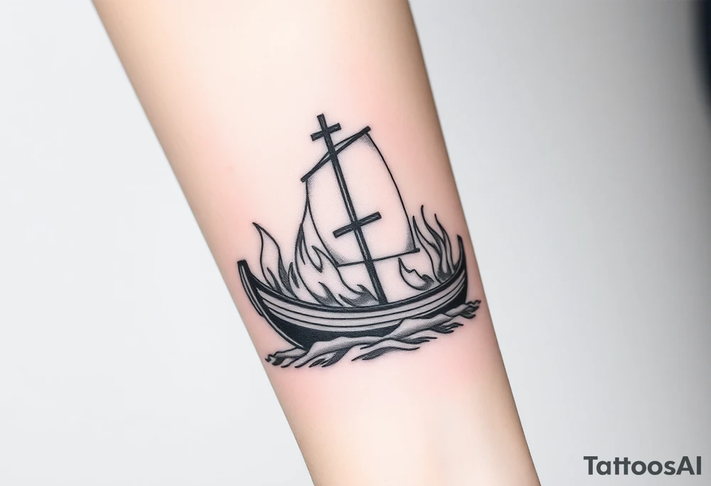 Boat on fire with cross as mast tattoo idea