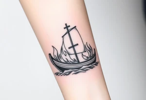 Boat on fire with cross as mast tattoo idea