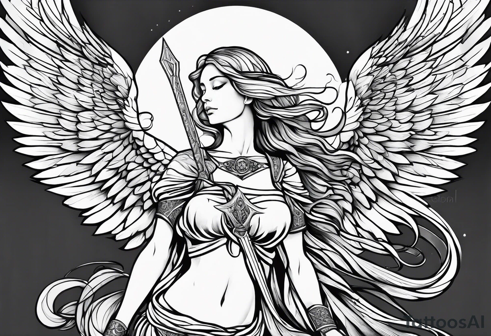 female angel with sword flying in the sky tattoo idea