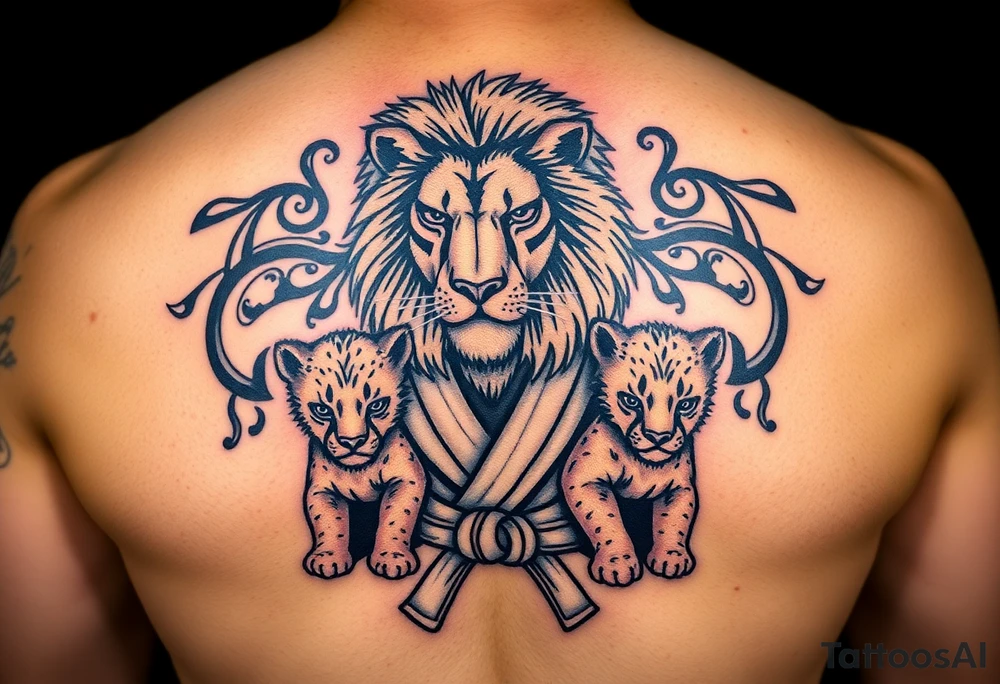 Lion wearing a Brazilian jiu jitsu gi as a person would along side his two cubs. The surrounding area is the sarenghetti tattoo idea
