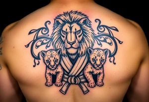 Lion wearing a Brazilian jiu jitsu gi as a person would along side his two cubs. The surrounding area is the sarenghetti tattoo idea