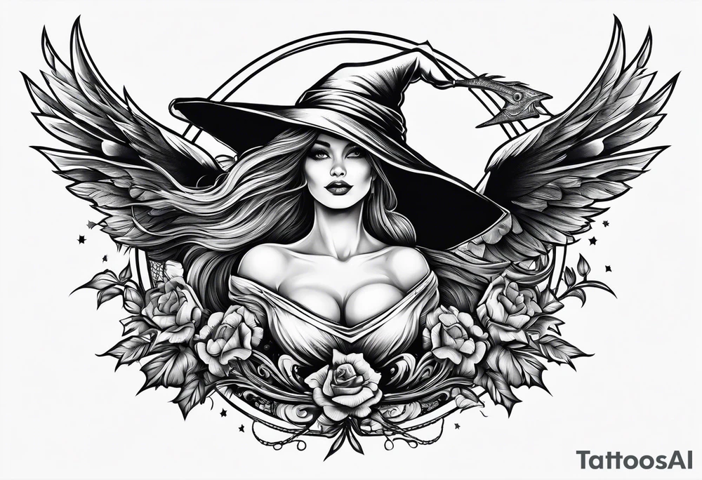 Witch flying on broom tattoo idea