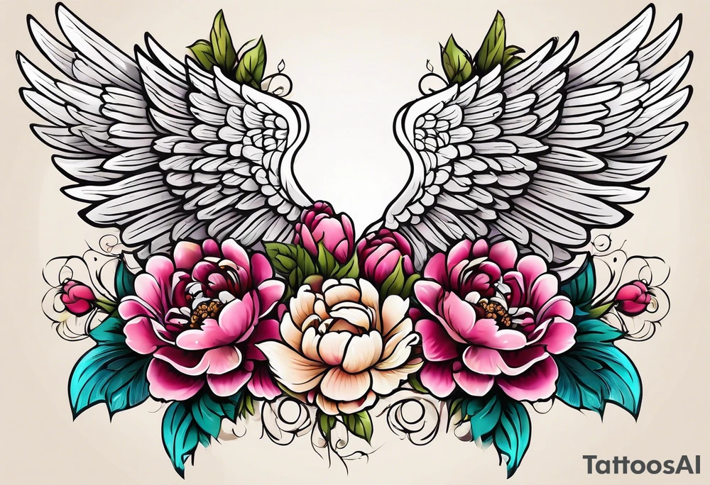 beautiful angel wings with colorful, peonies. beautiful flilligree in the background , full color, traditional old school , white background tattoo idea