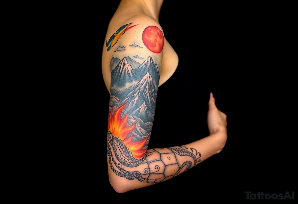 turtle sleeve with mountains, fire, water, air tattoo idea