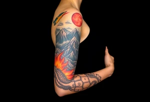 turtle sleeve with mountains, fire, water, air tattoo idea