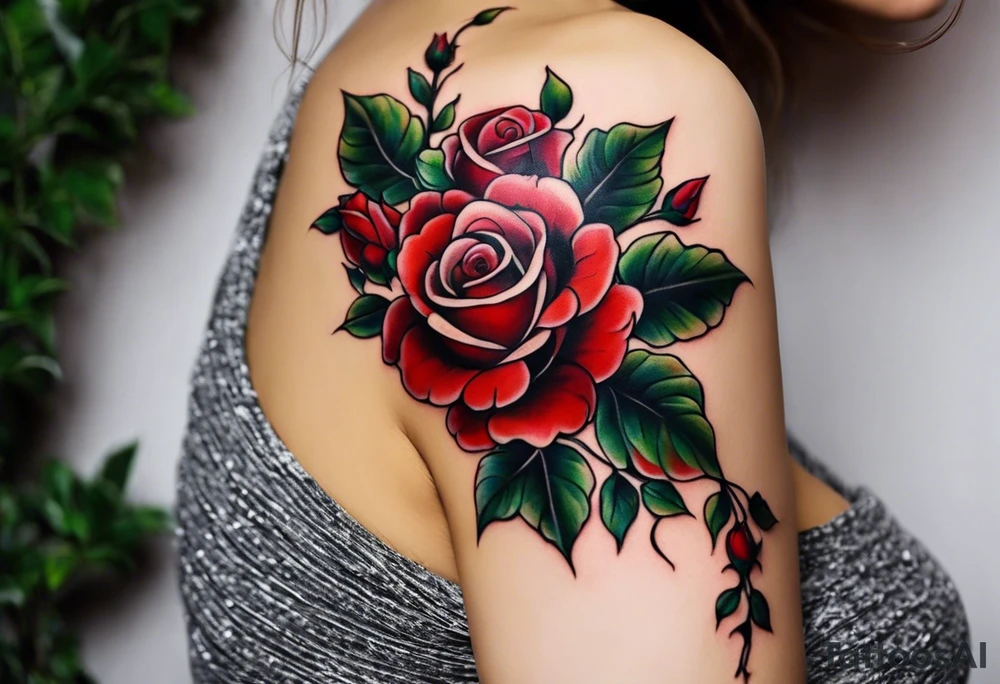 draw image of sleeve tattoo that has 65 small roses on a vine, they can be different sizes. It is long and narrow in design so it fits on an arm. The vine has some leaves and thorns but not too many. The roses will be a mix of small and medium size with some front on and others side on. tattoo idea