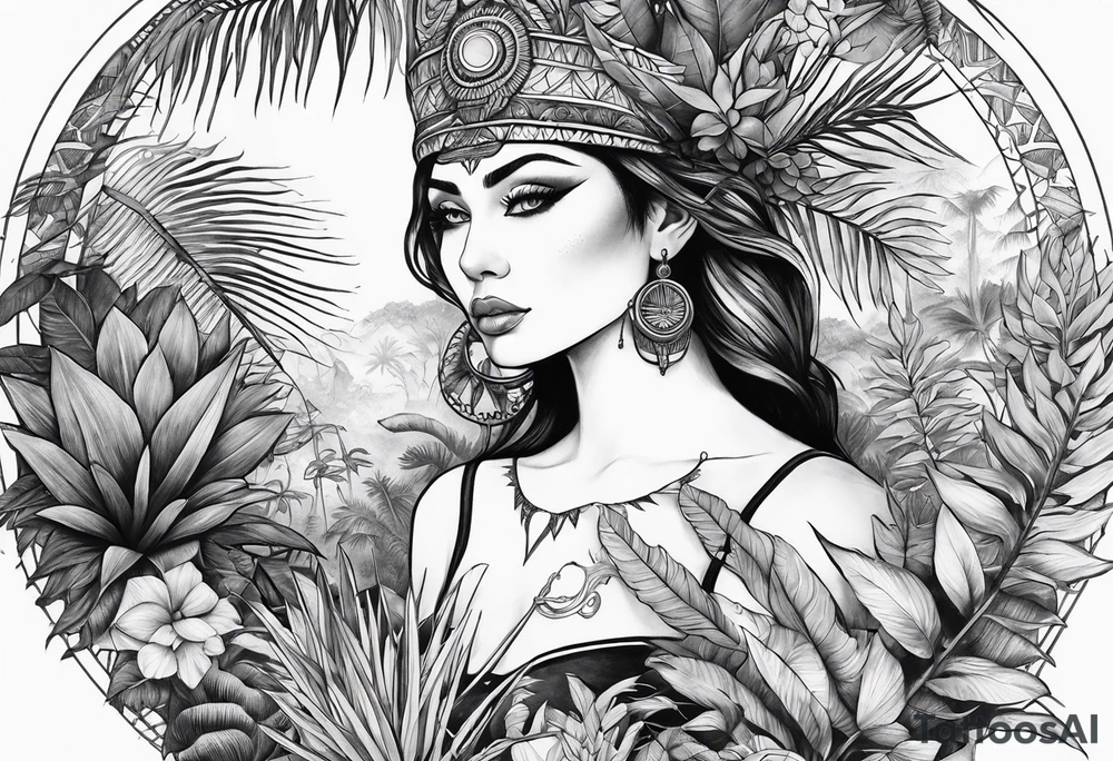 full sleeve tattoo with jungle plants and all-seeing eye tattoo idea