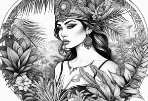 full sleeve tattoo with jungle plants and all-seeing eye tattoo idea