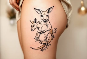 A kangaroo in warm beige carrying her joey in her pouch illustrates safety, nurturing, and constant closeness. tattoo idea