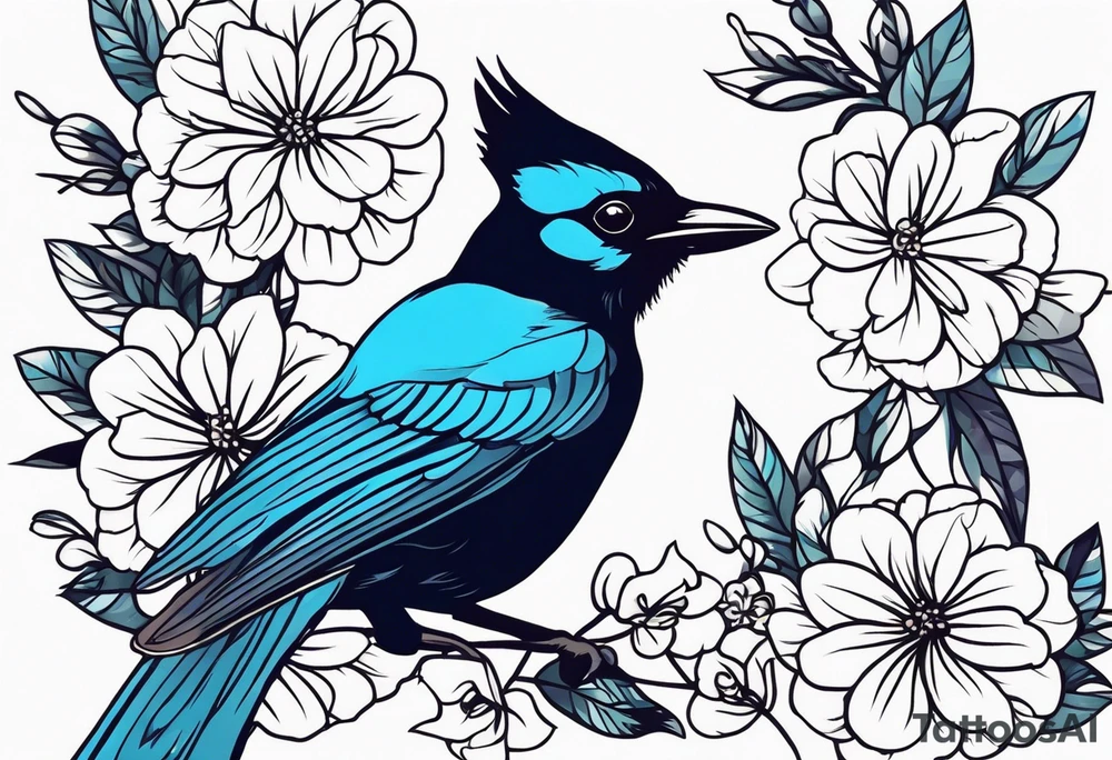 Steller’s Jay bird with flower tattoo idea