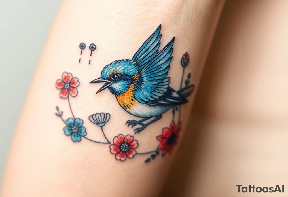 Angry bluebird surrounded by wild flowers tattoo idea