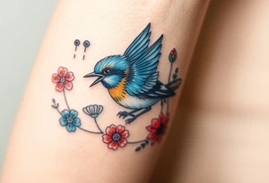 Angry bluebird surrounded by wild flowers tattoo idea