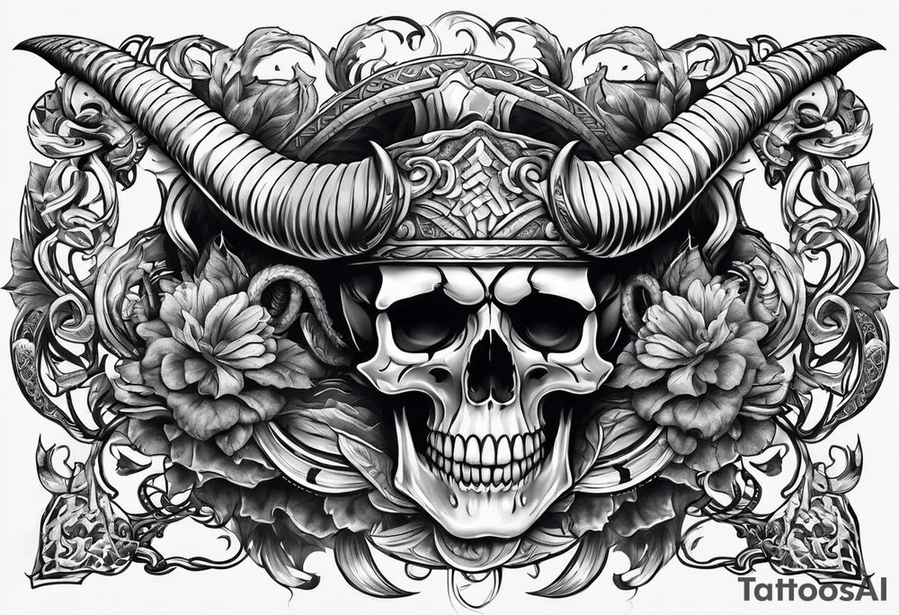 skull with horns and snake tattoo idea