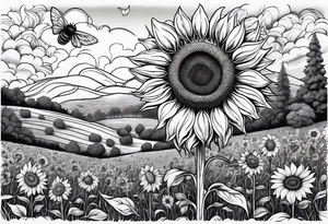 dreamy sunflower meadow valley with two large bumble occupying the sky with perfect cumulous clods tattoo idea