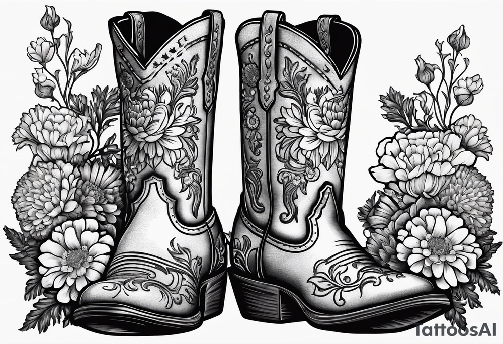 Cowboy boot with bouquet of chrysanthemum, carnations and marigolds inside tattoo idea