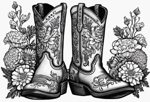 Cowboy boot with bouquet of chrysanthemum, carnations and marigolds inside tattoo idea