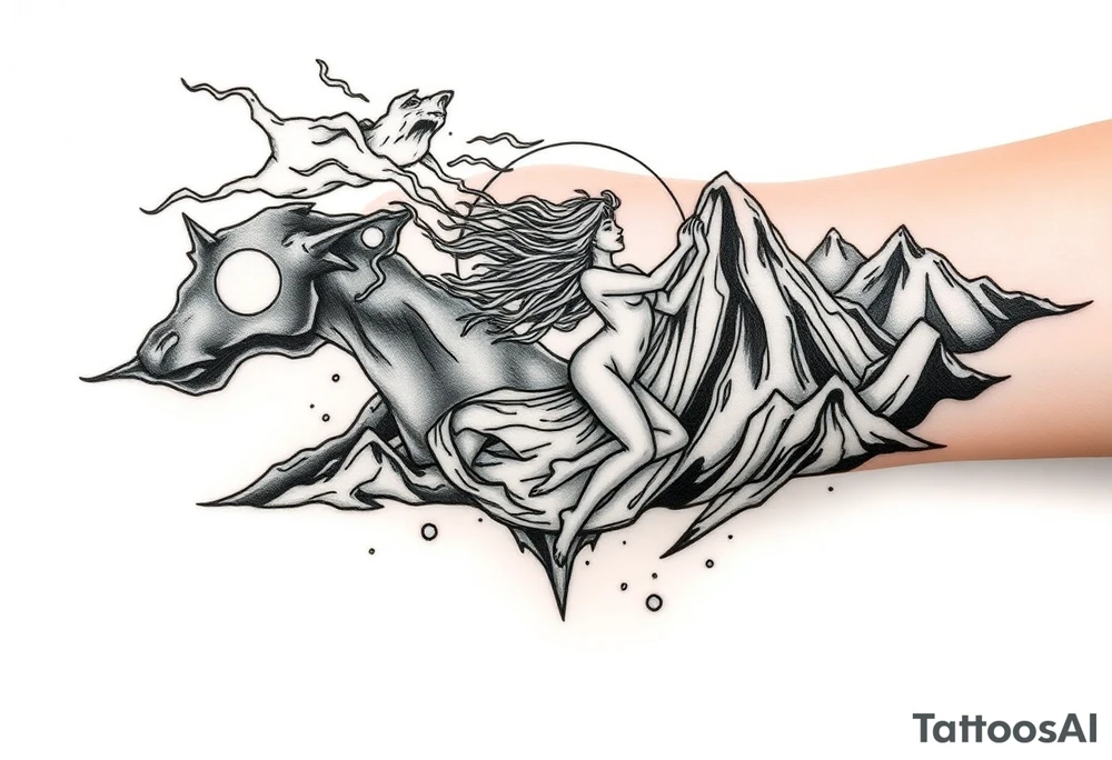 Fire hell storm with cold cuts through a soul dropping era and a dancing woman naked in the rain a blast of bc with future combing into a mystery mountain off God tattoo idea