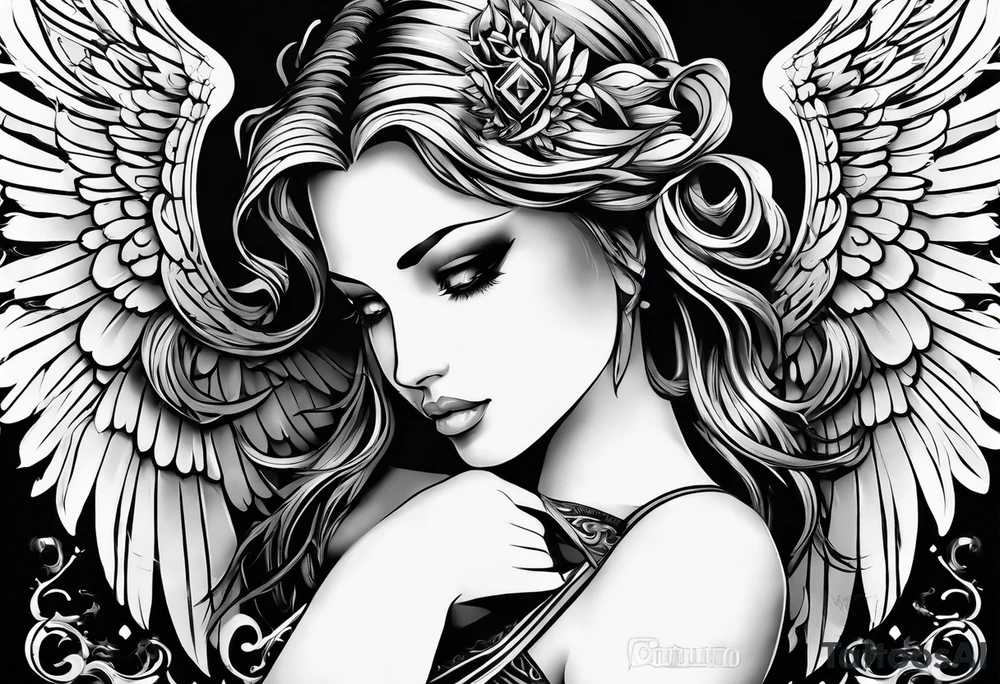 Angel with gothic wings. One side of angle represents darkness and the second of the angle represents light tattoo idea