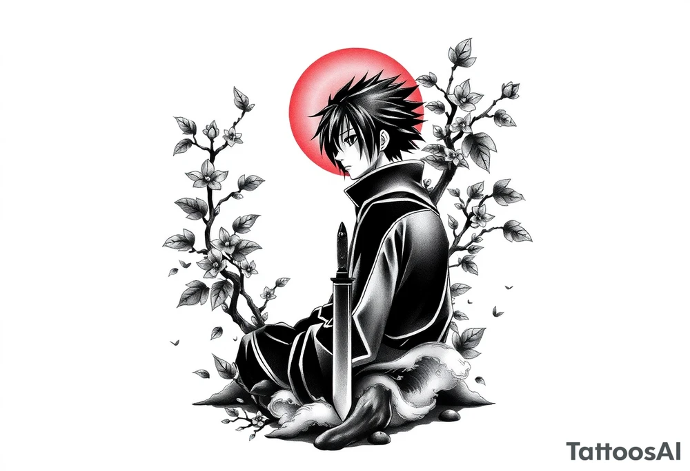 Tattoo design with a calm and motivating atmosphere. Centered around Itachi Uchiha in a protective pose with a gentle Sharingan eye, radiating subtle red chakra energy. Add a kunai knife resting peacefully in the ground surrounded by flowing leaves and wind. Incorporate soft natural elements like cherry blossoms, water waves, and sunlight breaking through clouds. Optional silhouette of a Naruto-style friendship moment to represent trust and loyalty. Style should be black and grey with touches of warm red, gold or soft blue – artistic, emotional, and full of strength, endurance and hope tattoo idea