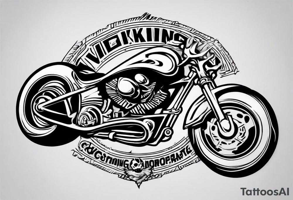 I want a tattoo of a motorcycle and a skeleton in the back with the name “Viking Customs” incorporated in the design tattoo idea