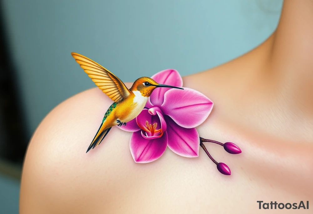 A golden hummingbird hovering near a vibrant pink orchid, capturing movement and grace tattoo idea