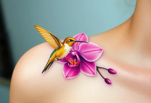 A golden hummingbird hovering near a vibrant pink orchid, capturing movement and grace tattoo idea