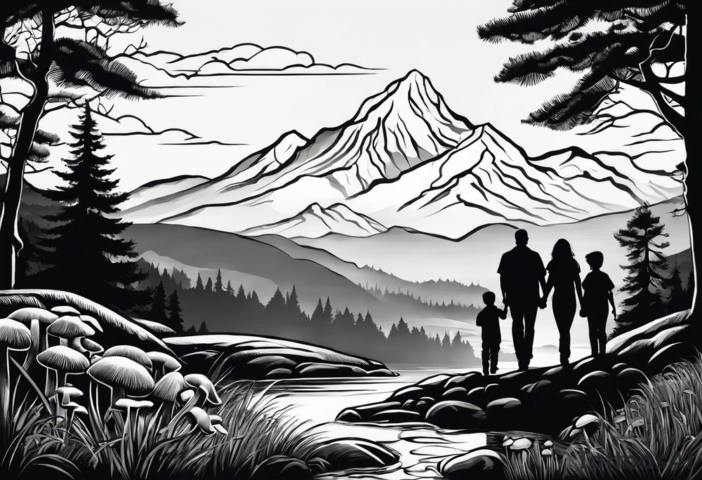 Family silhouette father, mother, son, 2 daughters foraging mushrooms with mountains and creek in background tattoo idea