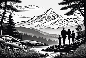 Family silhouette father, mother, son, 2 daughters foraging mushrooms with mountains and creek in background tattoo idea