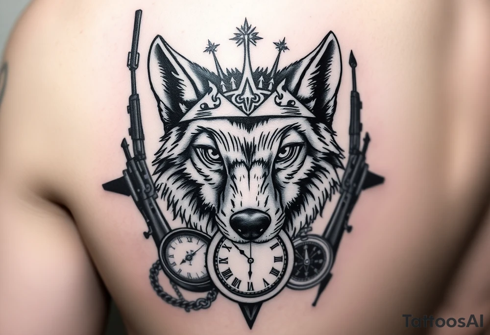 “A detailed black and gray tattoo design featuring a wise wolf head with intense eyes, surrounded by a broken crown, an antique pocket watch with Roman numerals, and a compass pointing north. Subtle AK-47 silhouette elements are blended in the background as a symbolic shadow, not aggressive. Realistic style, fine lines, deep shading, placed on the inner forearm.” tattoo idea